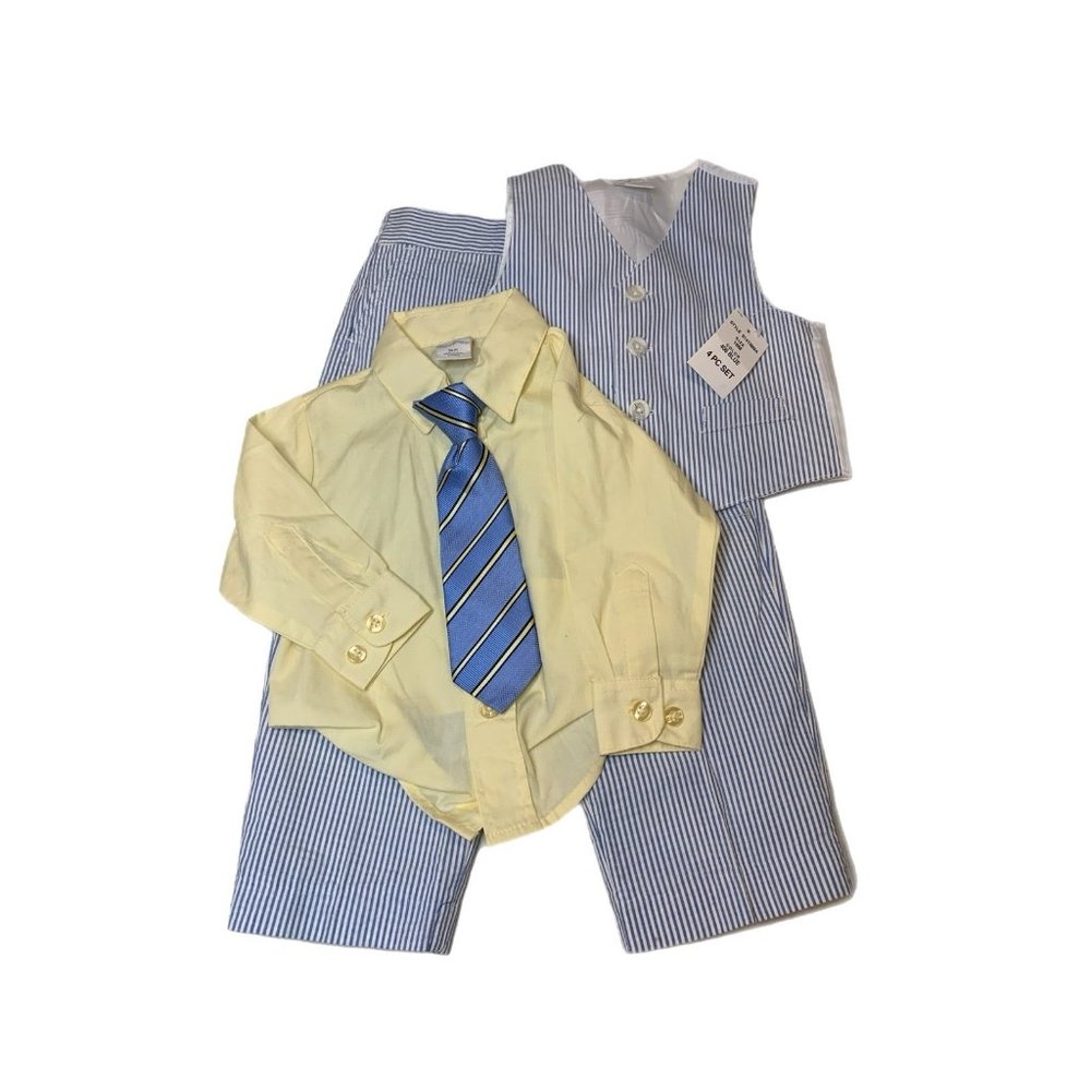 NWT Starting Out Boys Blue Stripe Seersucker Yellow Shirts Set 18M